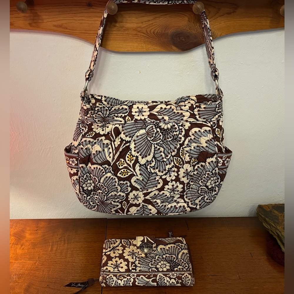 Vera Bradley Reversible shoulder purse Slate Blooms with matching wallet